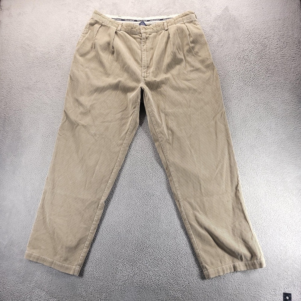 VTG Polo Golf Pants Mens 40x32 Beige Corduroy Pleated Chino Trousers Office